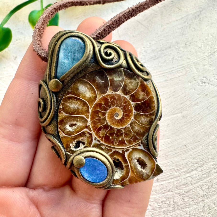 Ammonite with Aquamarine and Australian Opal Doublet Pendant Necklace