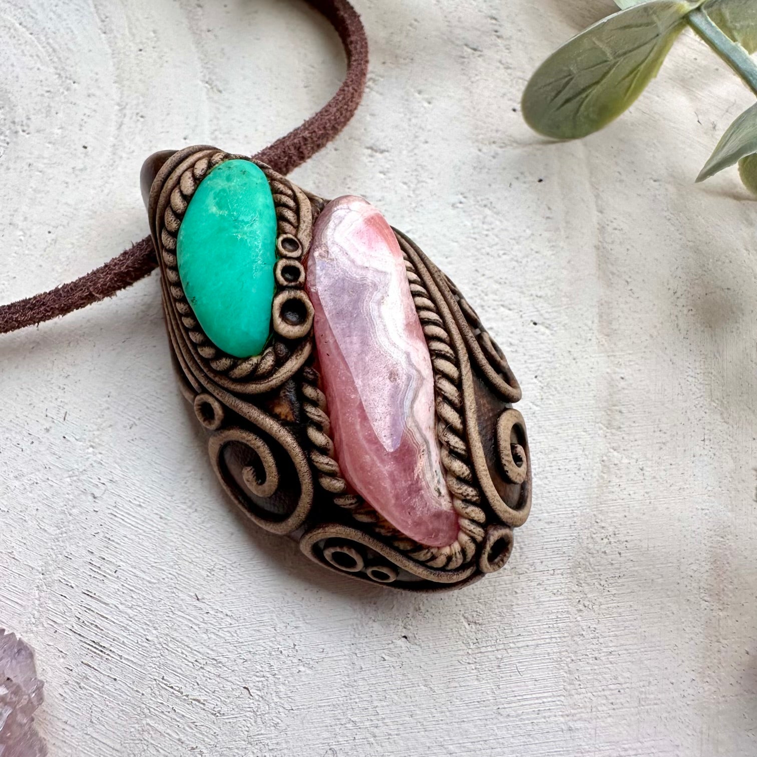 Natural crystal necklace with rhodochrosite and chrysoprase