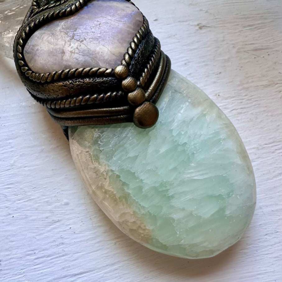 Handmade Crystal Wand with Pistachio Calcite Clear Quartz Moon Moldavite Moonstone Heart and Emerald - FairyGardenGlow