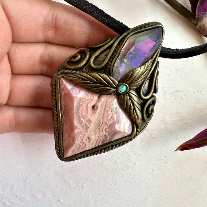 Rhodochrosite Angel Aura Quartz and Australian Opal Pendant Necklace - FairyGardenGlow
