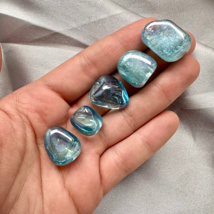 Aqua Aura Quartz Polished Stone – Natural Iridescent Blue Crystal for Energy Healing & Manifestation (1 or 5 Pieces Set) - FairyGardenGlow