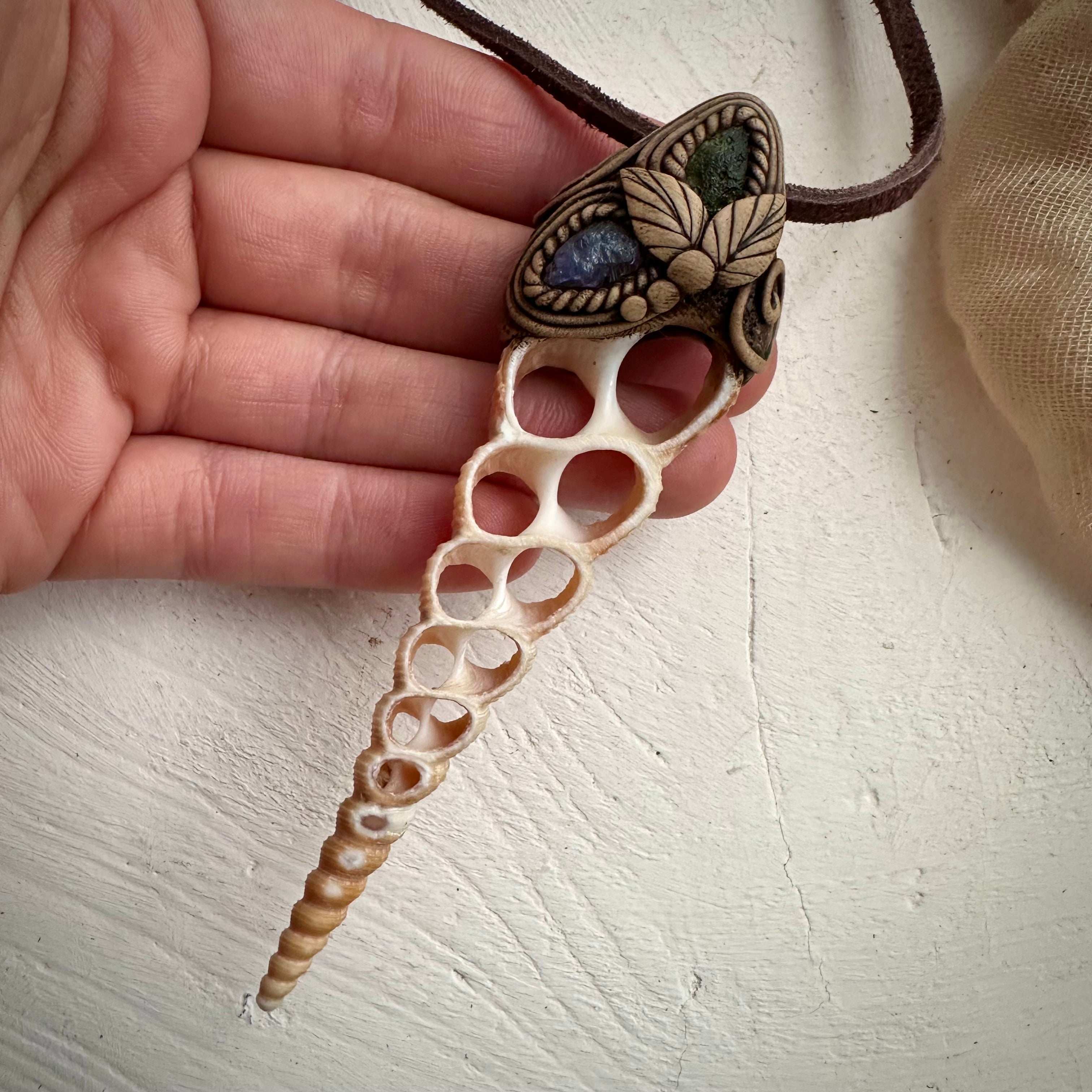 Moldavite and Tanzanite Seashell Necklace - FairyGardenGlow