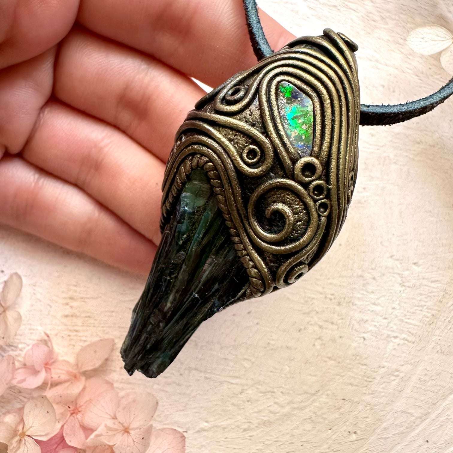 Vivianite and Boulder Opal Pendant - FairyGardenGlow