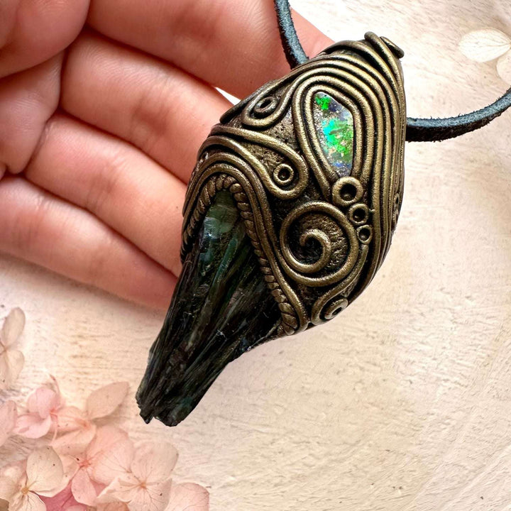 Vivianite and Boulder Opal Pendant - FairyGardenGlow