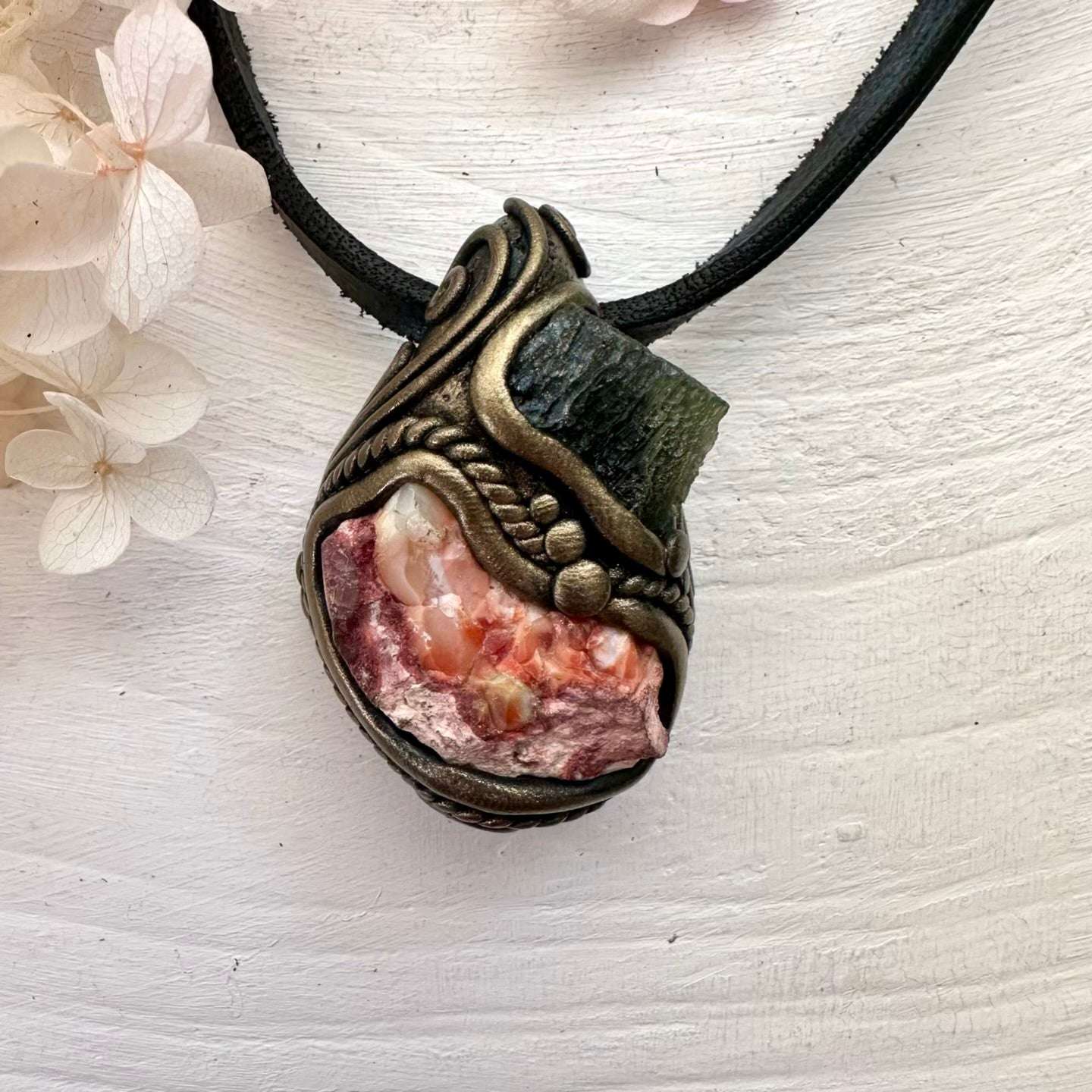 Mexican Fire Opal and Moldavite Pendant Necklace - FairyGardenGlow