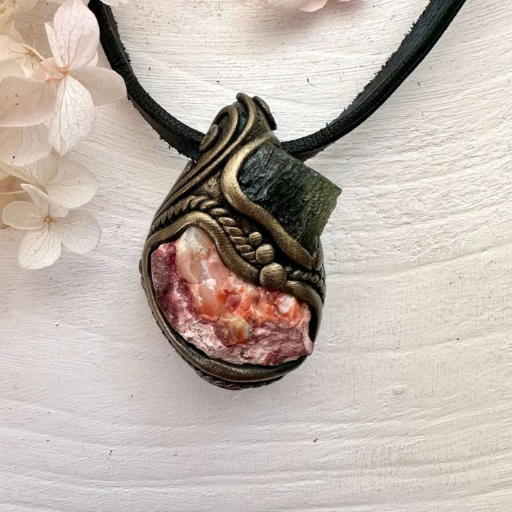 Mexican Fire Opal and Moldavite Pendant Necklace - FairyGardenGlow