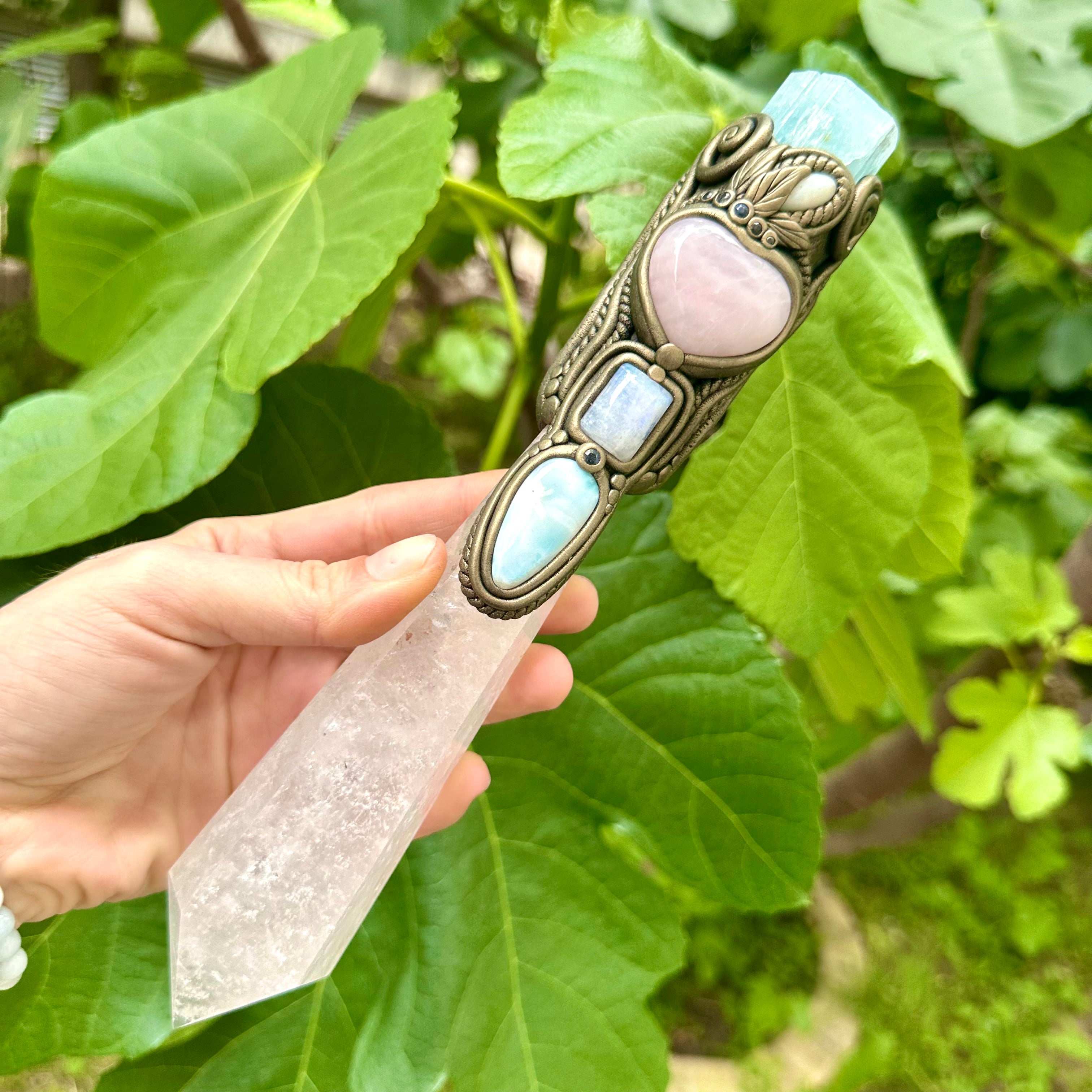 XL Clear Quartz Point with Raw Aquamarine Rose Quartz Heart Australian Opal Rainbow Moonstone and Blue Sapphire Wand - FairyGardenGlow