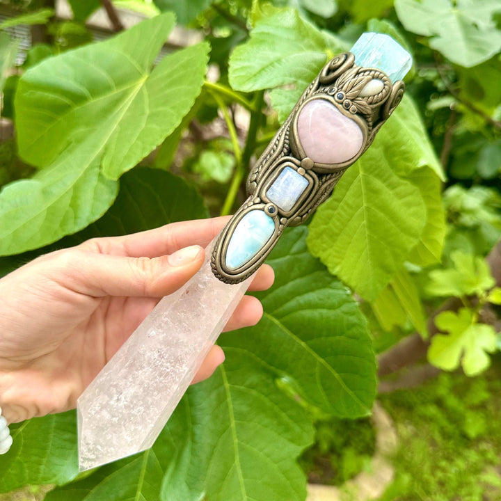 XL Clear Quartz Point with Raw Aquamarine Rose Quartz Heart Australian Opal Rainbow Moonstone and Blue Sapphire Wand - FairyGardenGlow