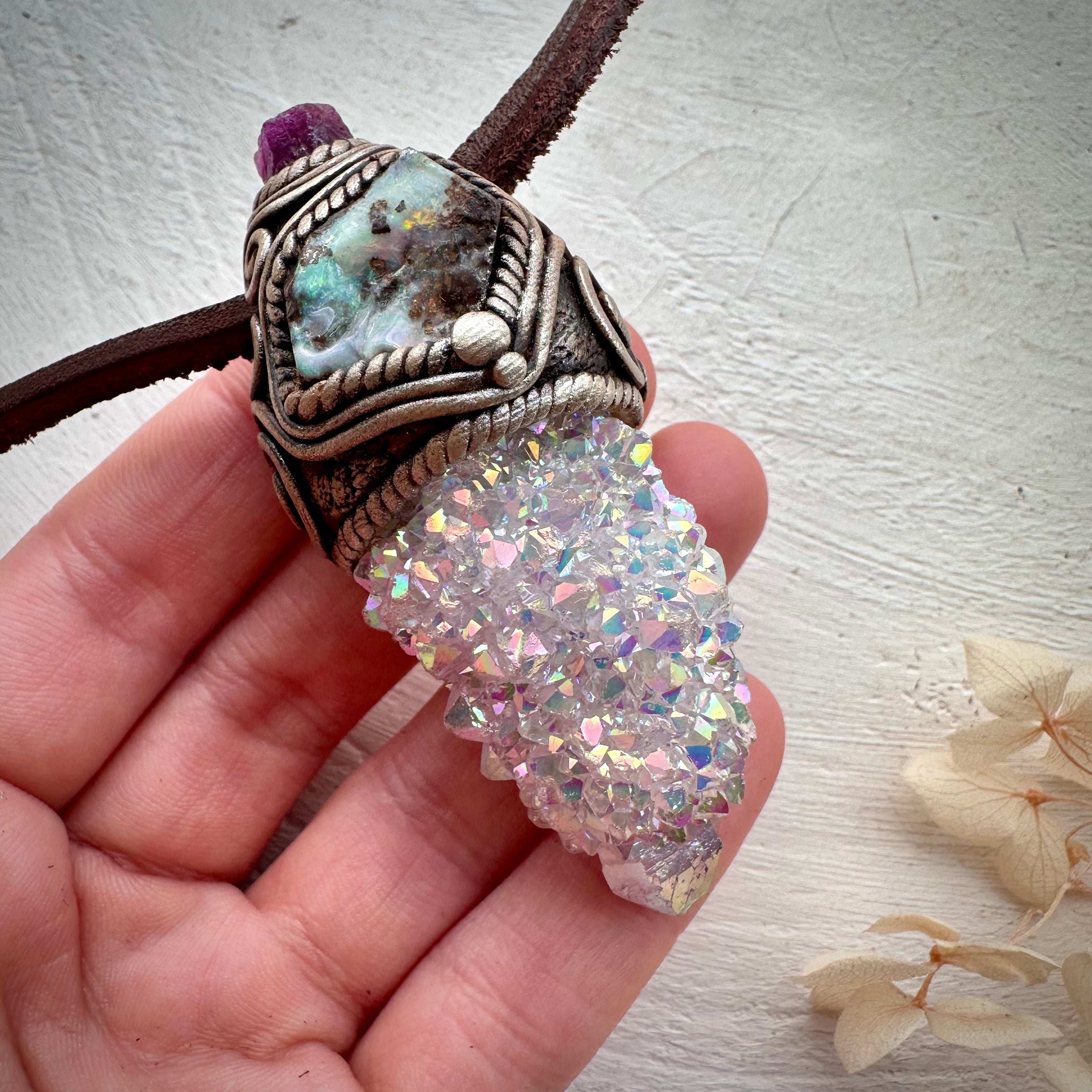 Angel Aura Spirit Quartz Boulder Opal and Ruby Pendant Necklace - FairyGardenGlow