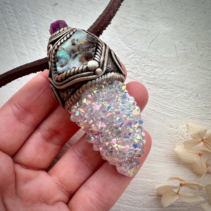 Angel Aura Spirit Quartz Boulder Opal and Ruby Pendant Necklace - FairyGardenGlow