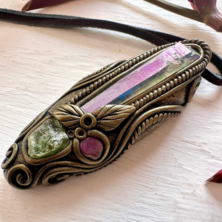 Angel Aura Quartz Raw Peridot and Ruby Necklace - FairyGardenGlow