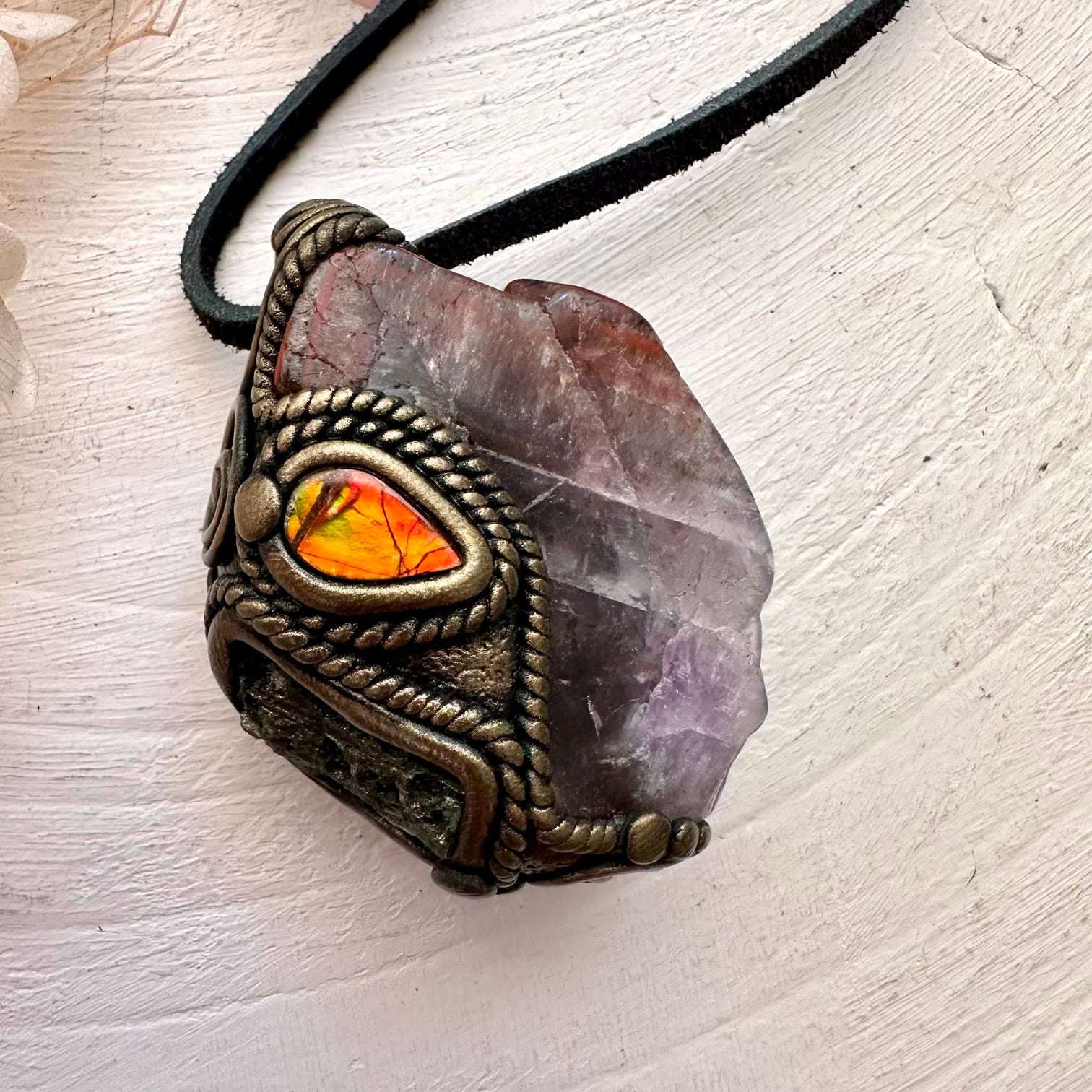 Super Seven Quartz Ammolite and Moldavite Pendant, Handmade Crystal Necklace - FairyGardenGlow