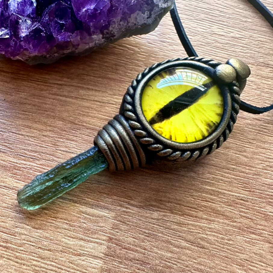 Moldavite Eye Pendant Necklace - FairyGardenGlow