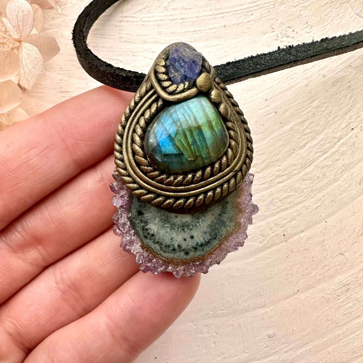 Amethyst Stalactite Labradorite and Tanzanite Pendant Necklace - FairyGardenGlow