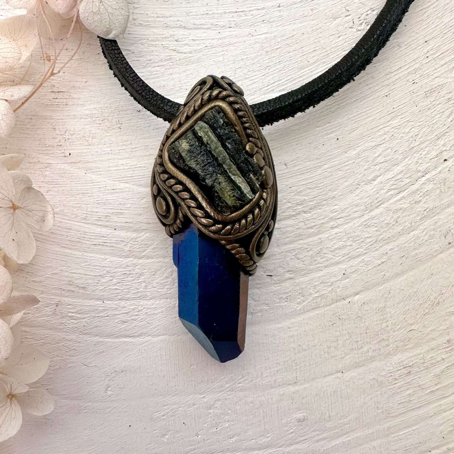 Cobalt Aura Quartz and Moldavite Pendant Necklace - FairyGardenGlow