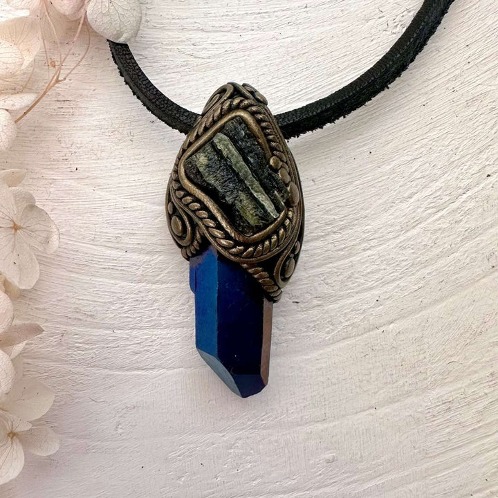 Cobalt Aura Quartz and Moldavite Pendant Necklace - FairyGardenGlow
