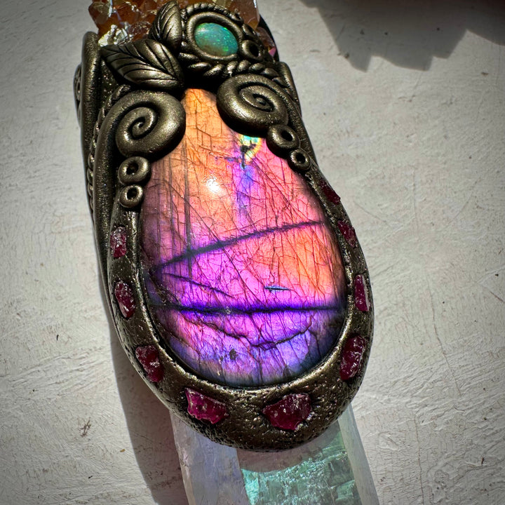 Long Angel Aura Quartz Sunset Aura Spirit Quartz Labradorite Raw Ruby and Australian Opal Wand - FairyGardenGlow
