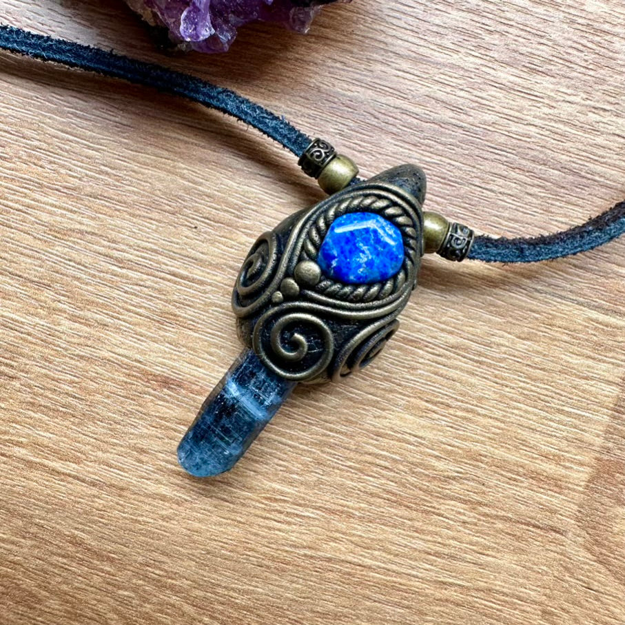 Blue Kyanite and Lapis Lazuli Pendant Necklace, Unisex Handmade Crystal Jewelry - FairyGardenGlow