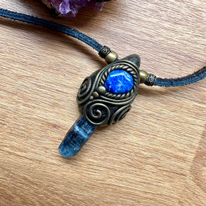 Blue Kyanite and Lapis Lazuli Pendant Necklace, Unisex Handmade Crystal Jewelry - FairyGardenGlow