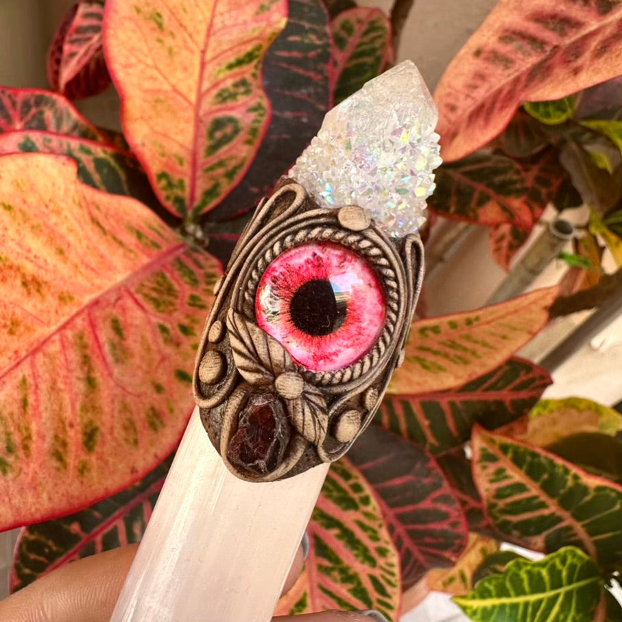 Selenite Crystal Wand, Angel Aura Spirit Quartz Red Garnet Raw Opal and Rhodochrosite Handmade Healing Crystal Wand - FairyGardenGlow
