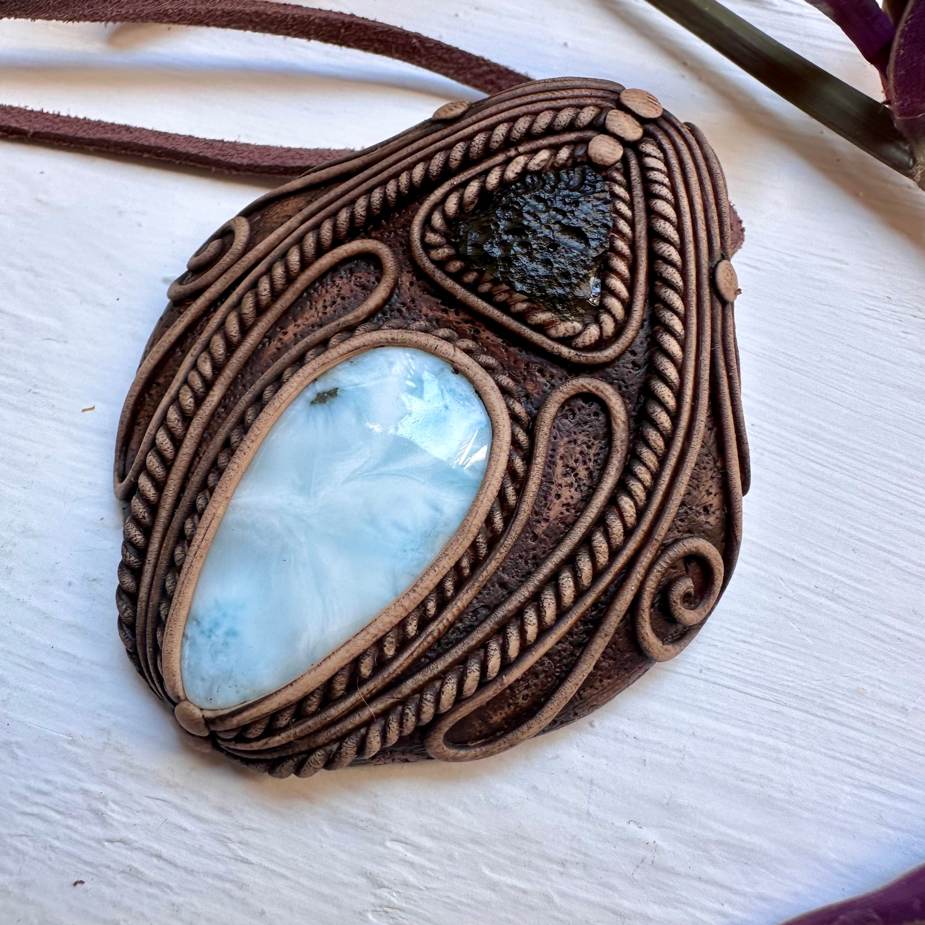 Larimar and Moldavite Necklace - FairyGardenGlow