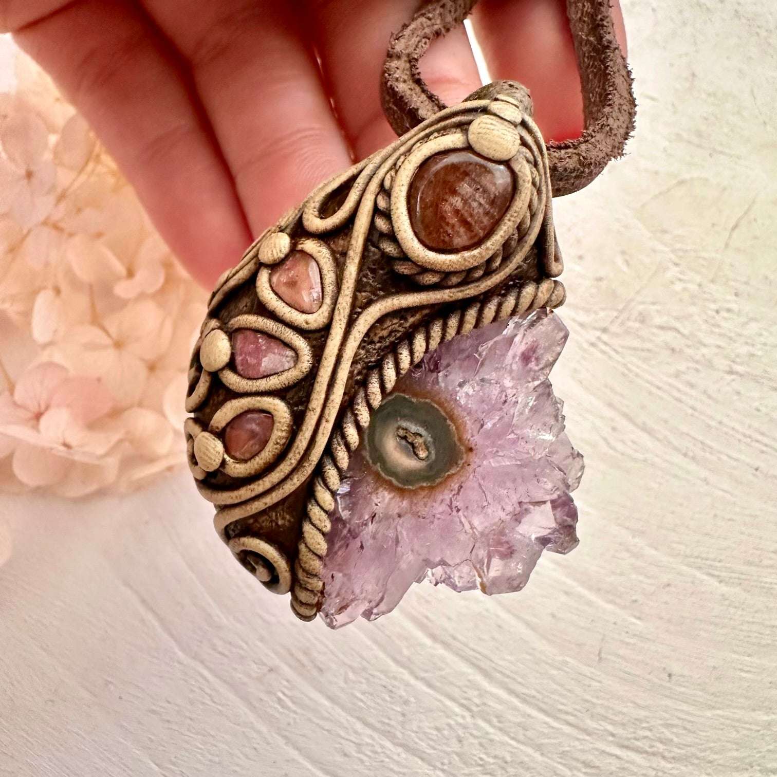 Amethyst Stalactite Sunstone and Pink Tourmaline Pendant Necklace - FairyGardenGlow
