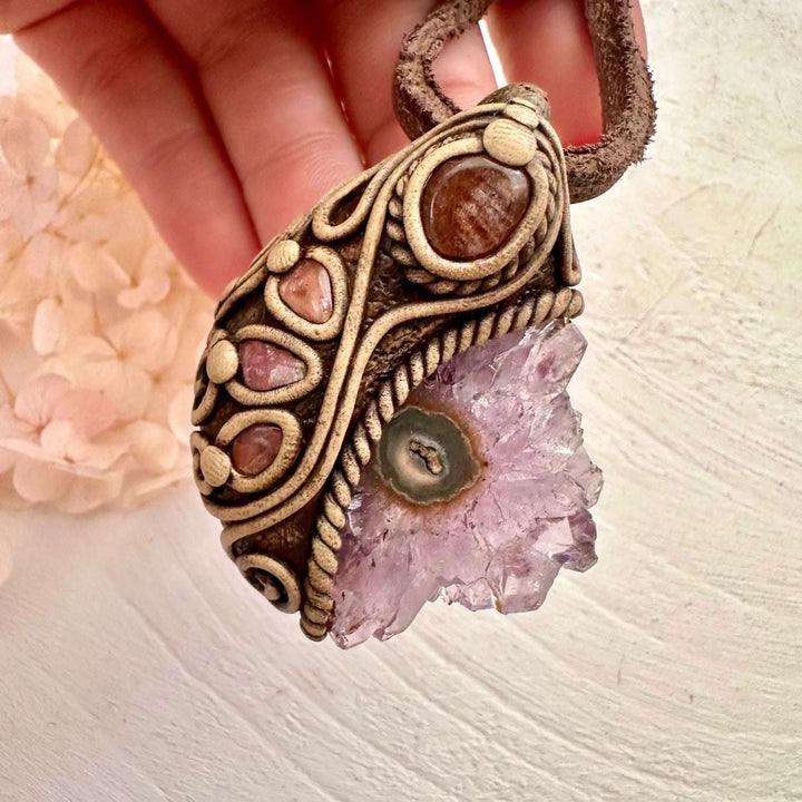 Amethyst Stalactite Sunstone and Pink Tourmaline Pendant Necklace - FairyGardenGlow