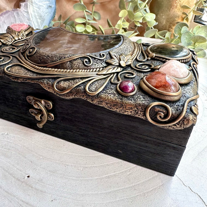 Raw Ethiopian opal home decor box with rhodochrosite and morganite healing crystal details
