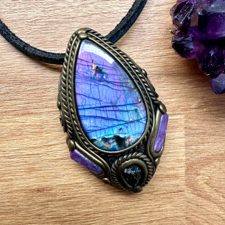 Purple Labradorite Moldavite and Charoite Necklace, One of a kind Handmade Jewlery - FairyGardenGlow