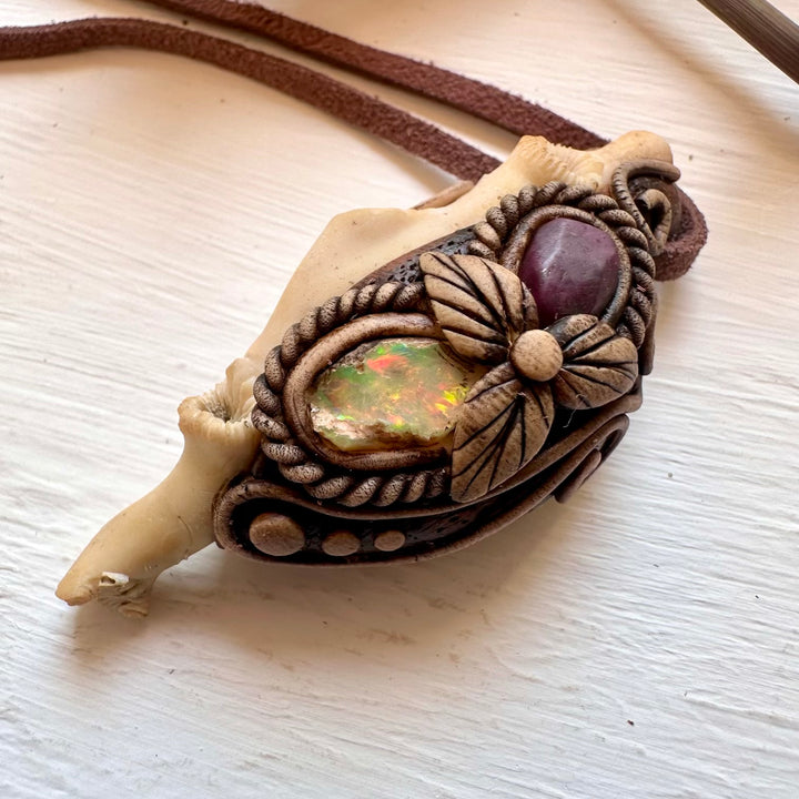 White Coral Ruby and Opal Necklace - FairyGardenGlow
