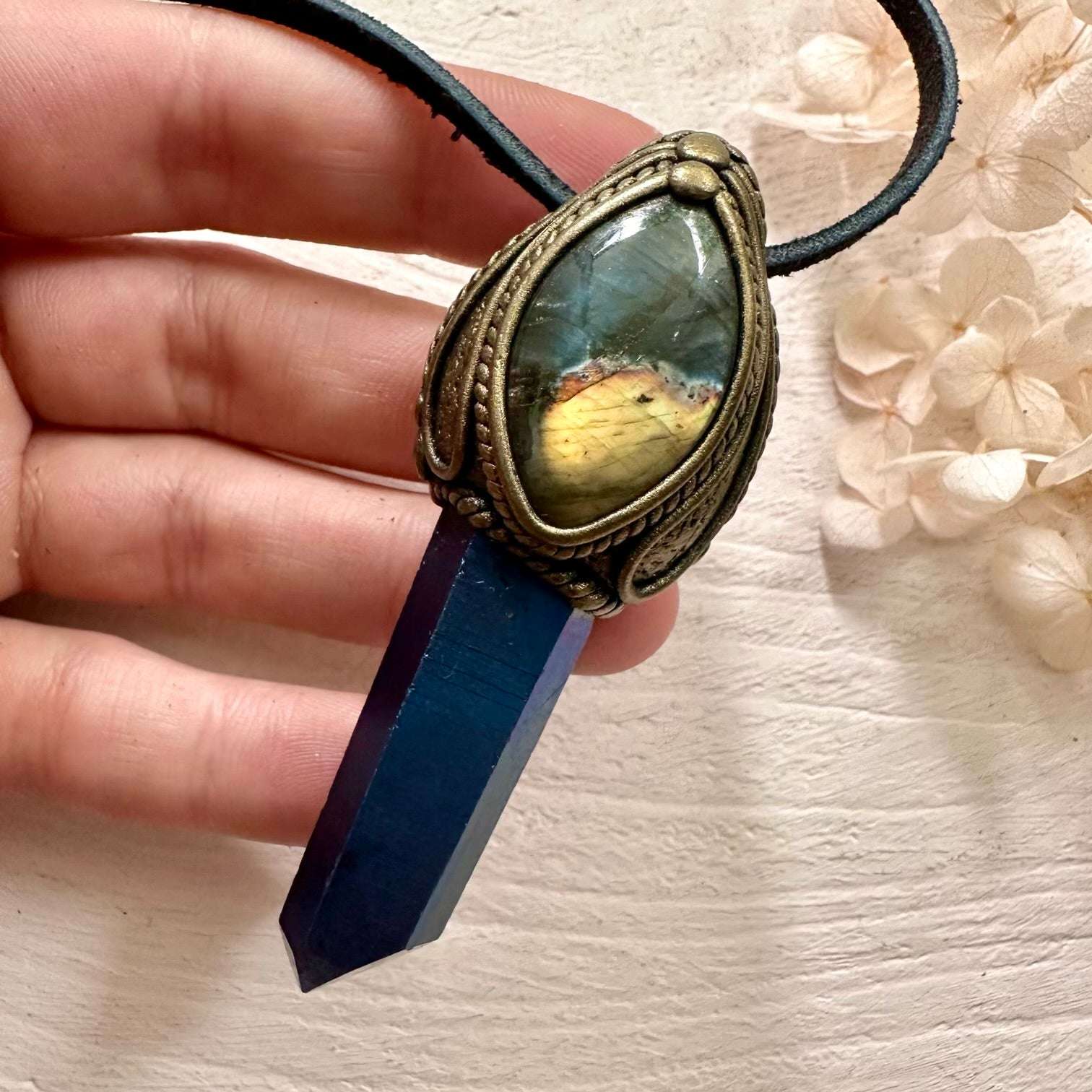 Cobalt Aura Quartz and Labradorite Necklace - FairyGardenGlow