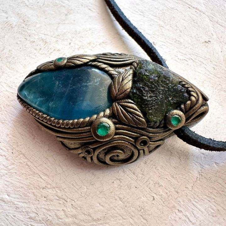 Blue Fluorite Moldavite and Emerald Pendant Necklace - FairyGardenGlow
