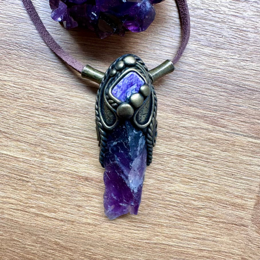 Raw Purple Fluorite and Charoite Pendant Necklace, Spiritual Handmade Jewelry - FairyGardenGlow