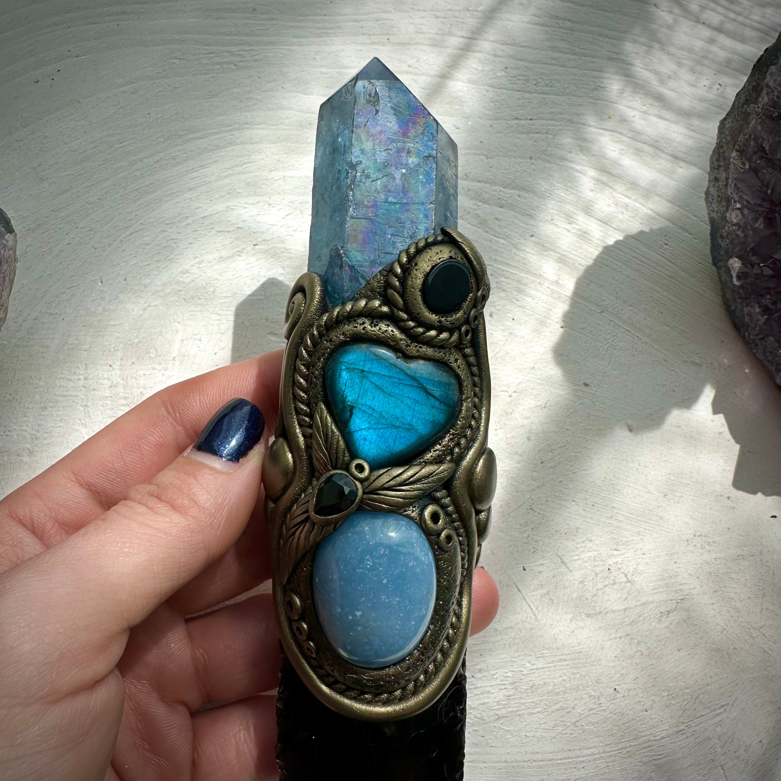 Black Obsidian Arrowhead with Aqua Aura Quartz Labradorite Heart Angelite and Smoky Quartz and Black Onyx Wand - FairyGardenGlow