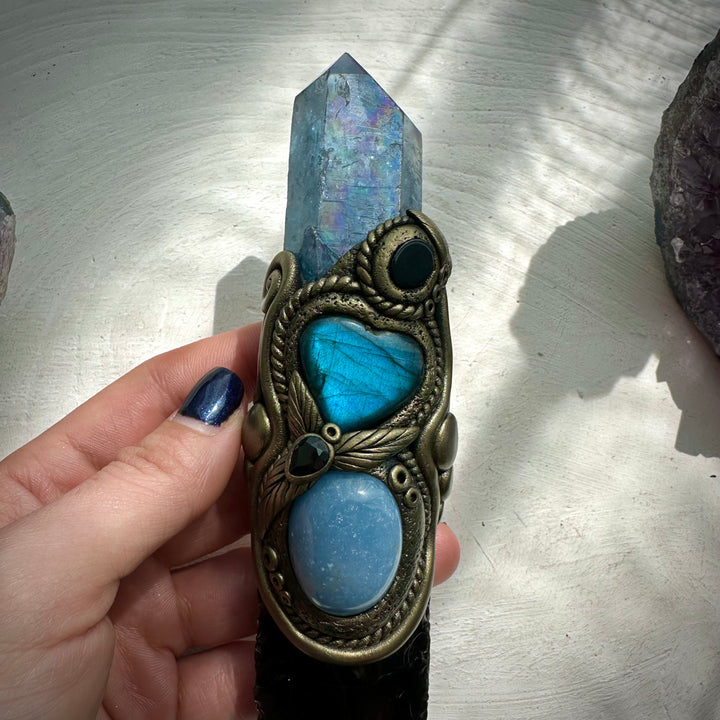 Black Obsidian Arrowhead with Aqua Aura Quartz Labradorite Heart Angelite and Smoky Quartz and Black Onyx Wand - FairyGardenGlow