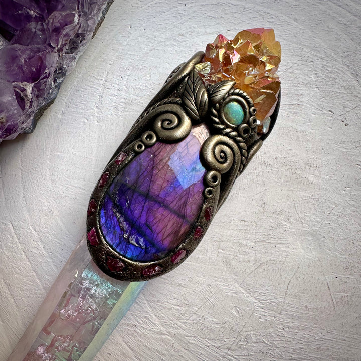 Long Angel Aura Quartz Sunset Aura Spirit Quartz Labradorite Raw Ruby and Australian Opal Wand - FairyGardenGlow