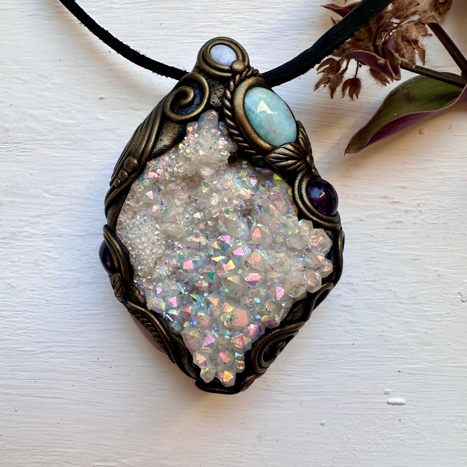 Angel Aura Quartz Cluster Larimar Amethyst Morganite and Australian Opal Wand / Pendant - FairyGardenGlow