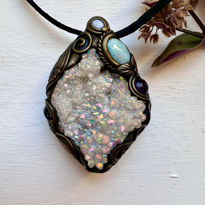 Angel Aura Quartz Cluster Larimar Amethyst Morganite and Australian Opal Wand / Pendant - FairyGardenGlow