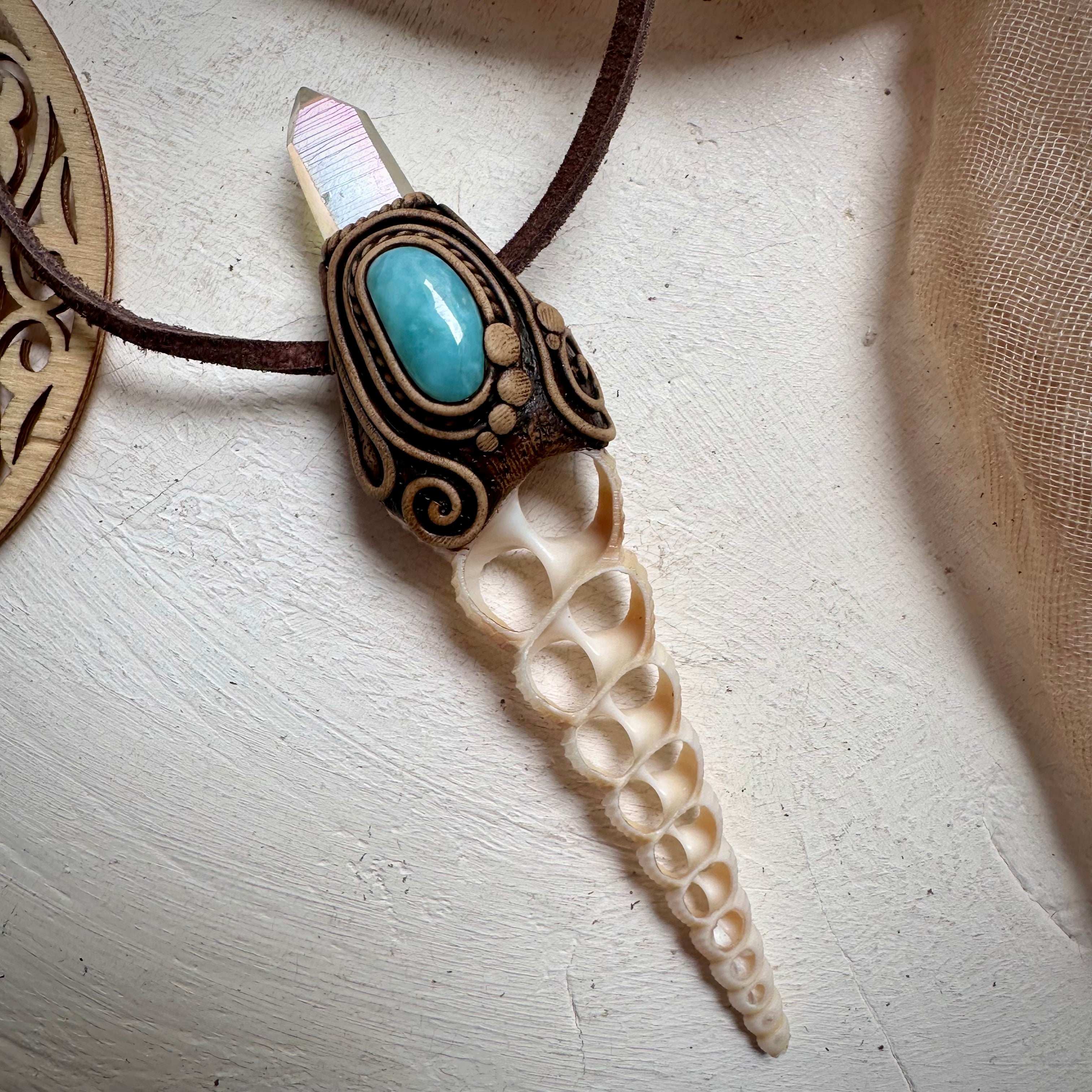 Seashell Slice Angel Aura Quartz and Larimar Necklace - FairyGardenGlow