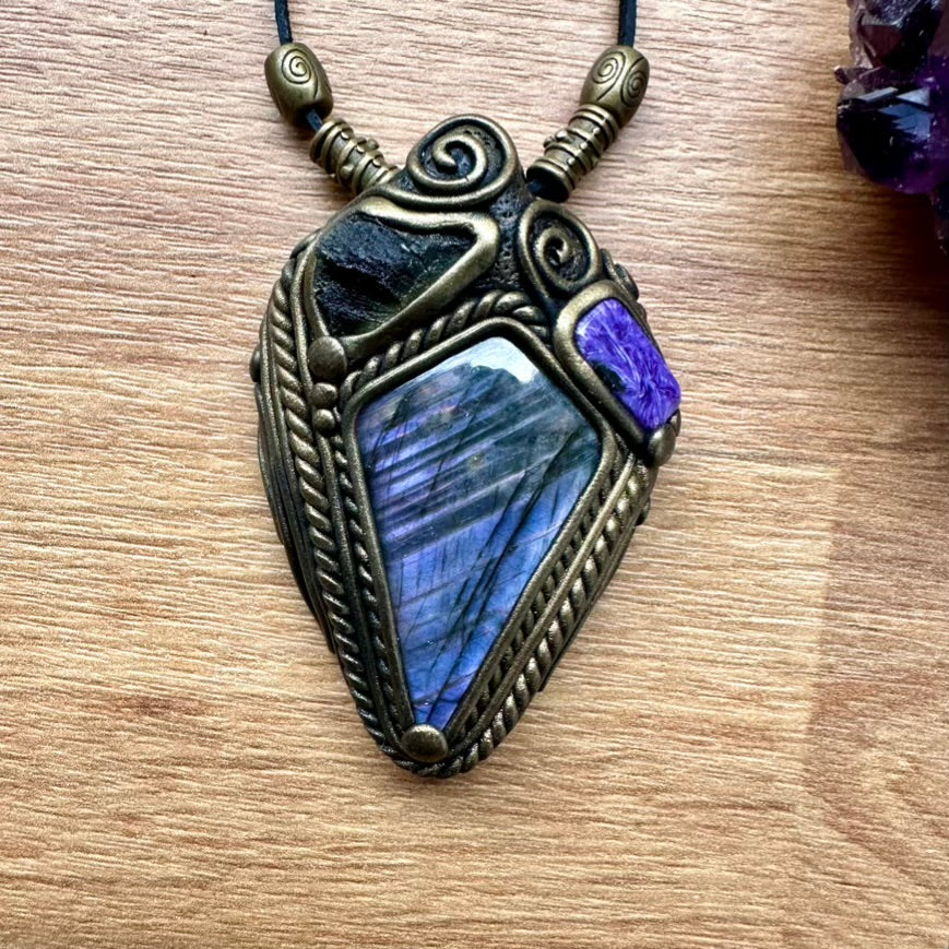 Purple Labradorite Moldavite and Charoite Necklace - FairyGardenGlow