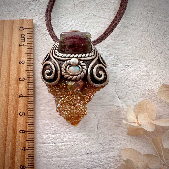 Sunset Aura Spirit Quartz with Bi Color Tourmaline and Australian Opal Necklace - FairyGardenGlow