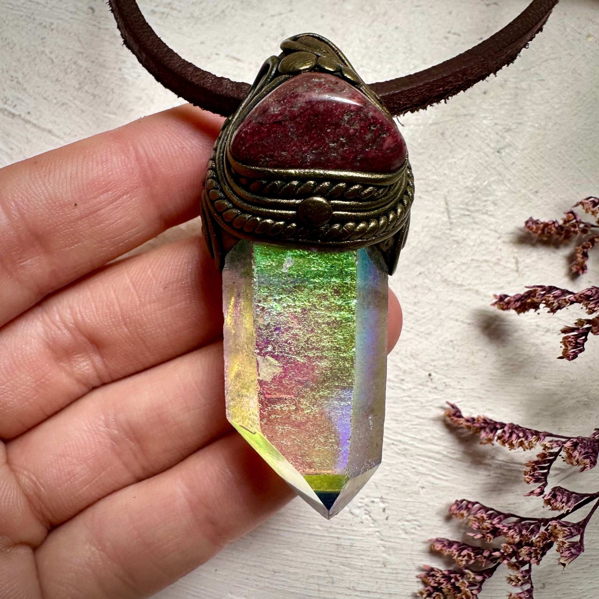 Angel Aura Quartz and Thulite Necklace - FairyGardenGlow