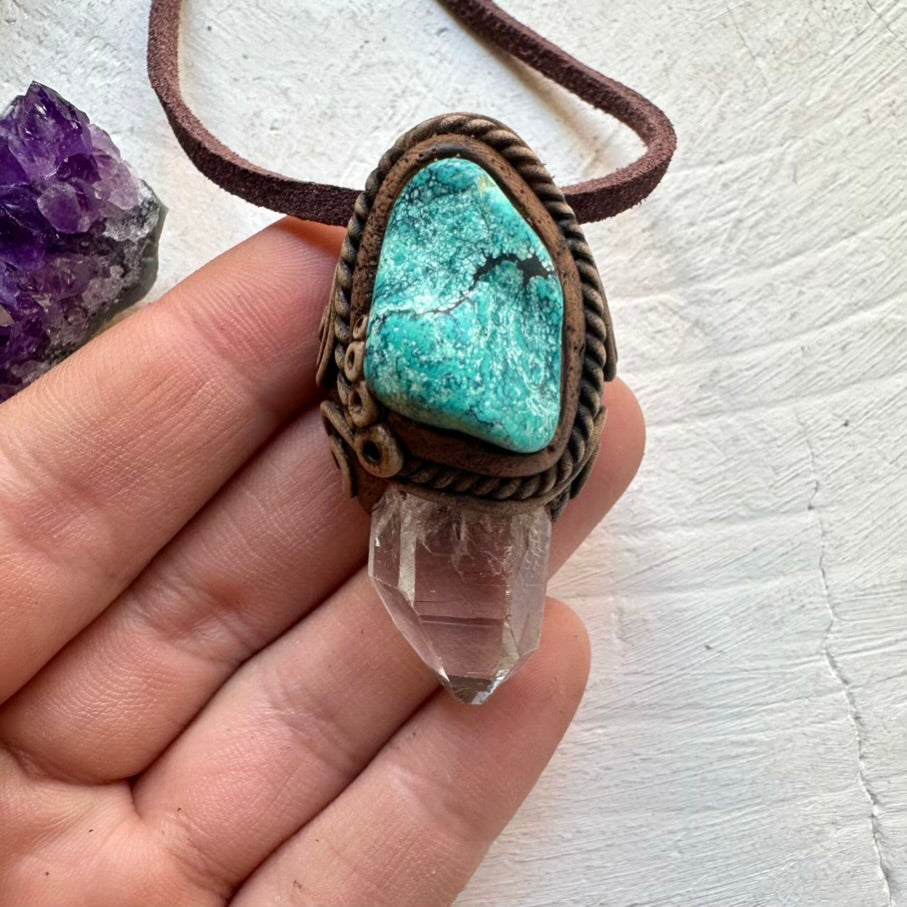 Clear Quartz and Turquoise Necklace, Handmade Crystal Jewelry