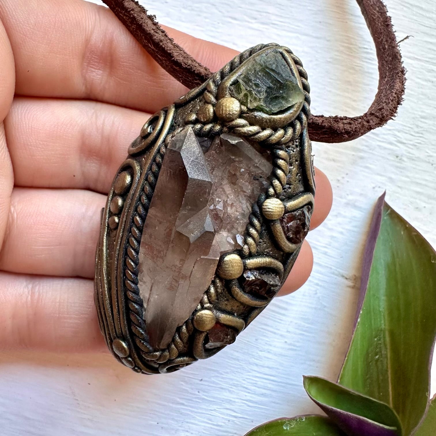 Smoky Quartz Cluster Moldavite and Red Garnet Necklace