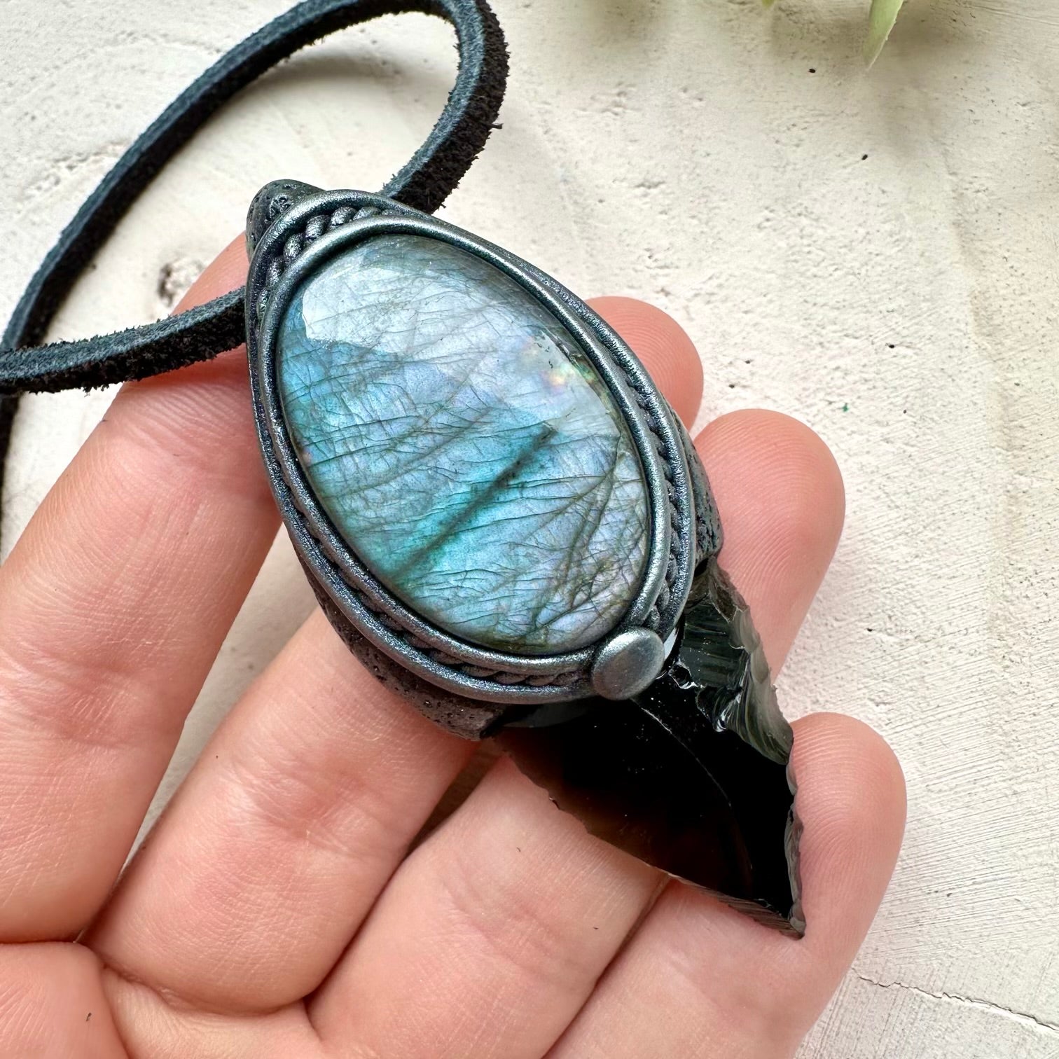Obsidian arrowhead and labradorite healing crystal necklace
