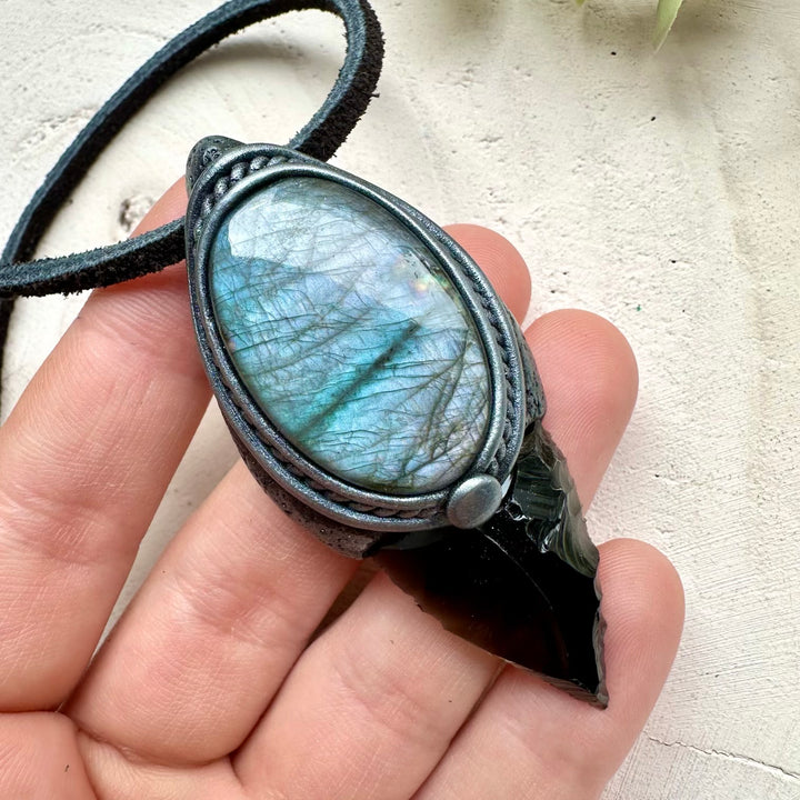 Obsidian arrowhead and labradorite healing crystal necklace