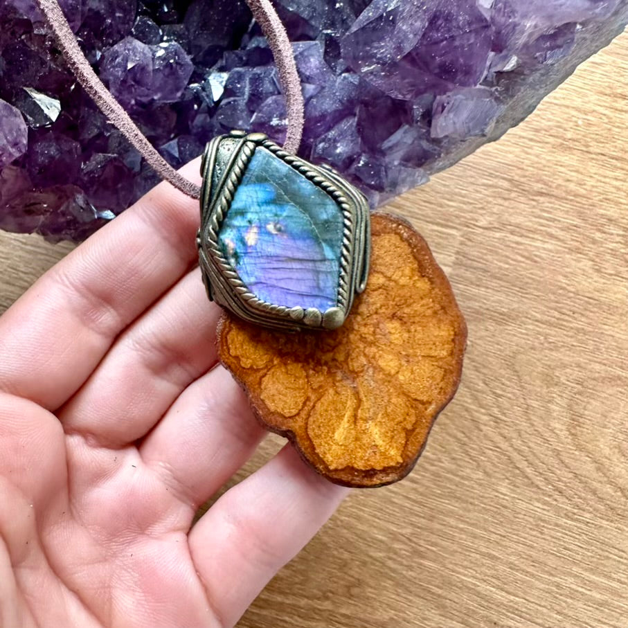 Ayahuasca Slice and Purple Labradorite Pendant Necklace - FairyGardenGlow