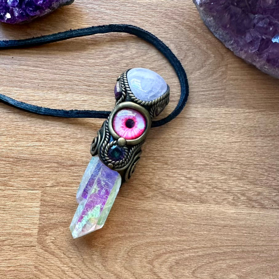 Angel Aura Quartz Rose Quartz Ruby and Mystic Topaz Eye Healing Crystal Talisman - FairyGardenGlow