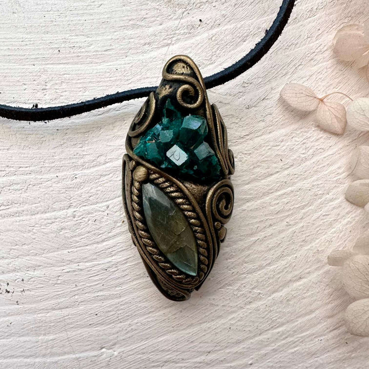 Dioptase and Labradorite Pendant Necklace - FairyGardenGlow