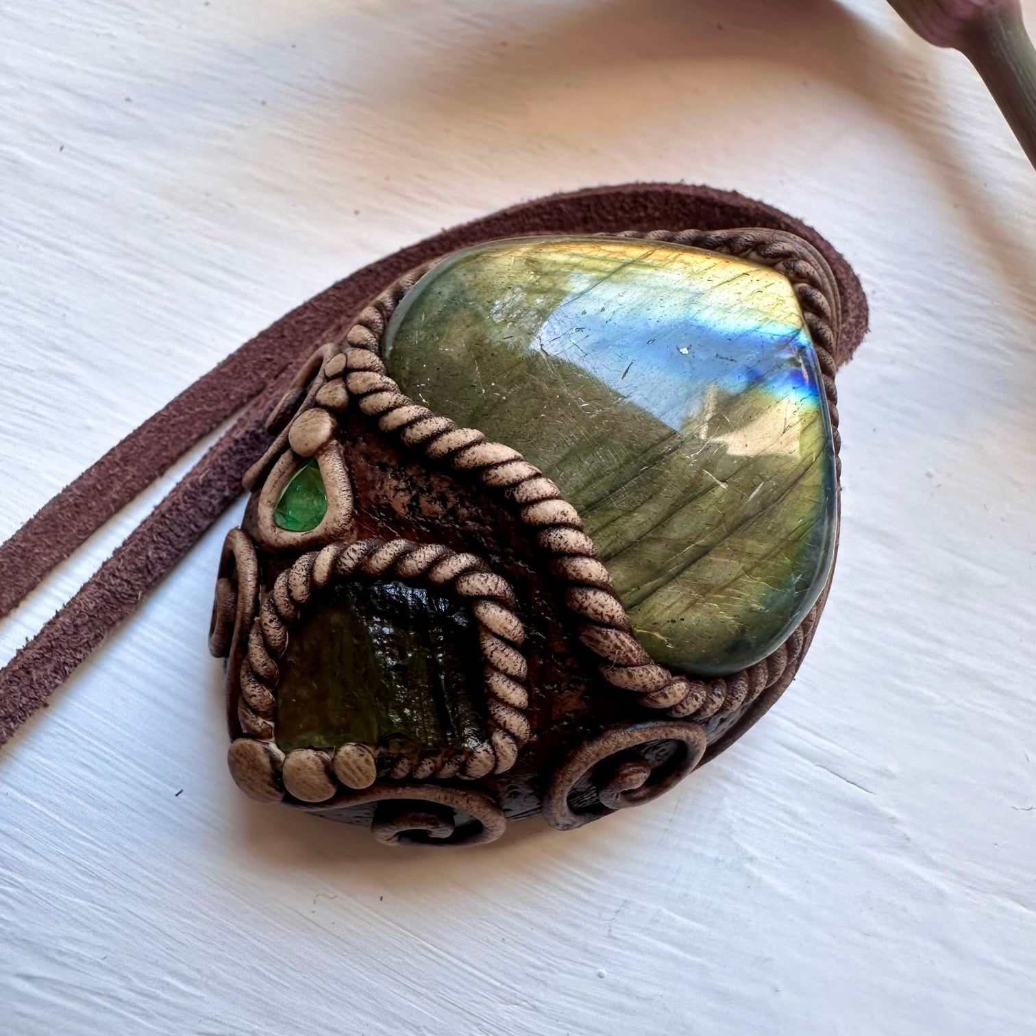 Labradorite Moldavite and Emerald Necklace - FairyGardenGlow